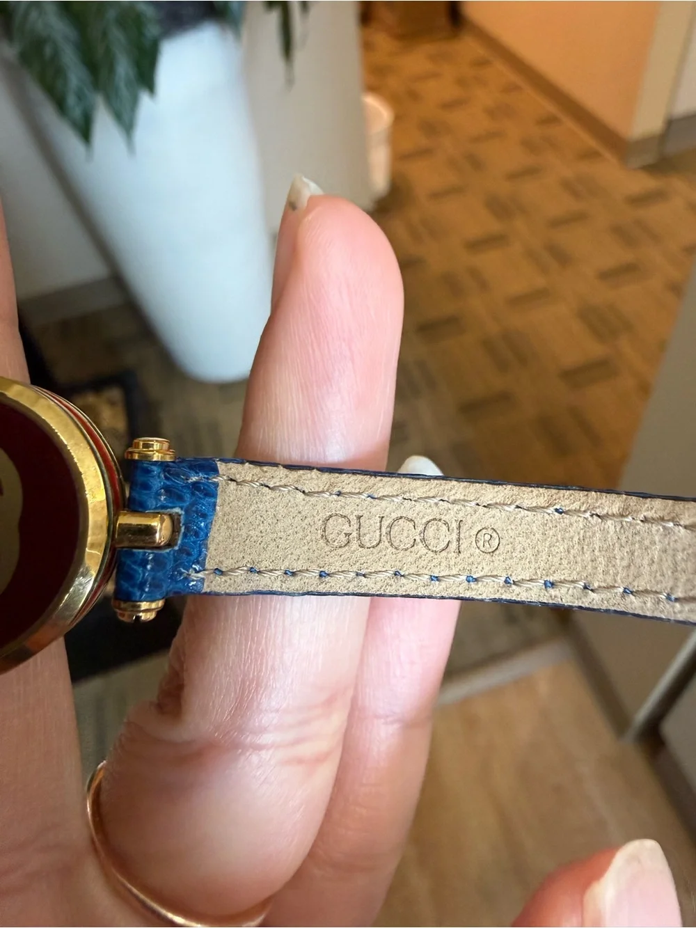 Gucci Blue Lizard Leather Watch with sherry line gold face 10mm
